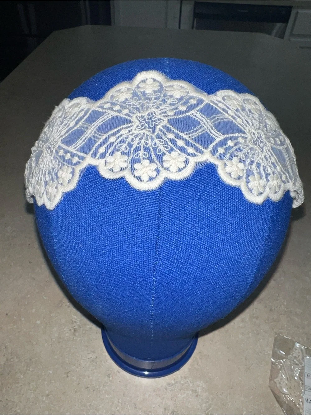 Royal Blue Headband with Cream Lace Accent